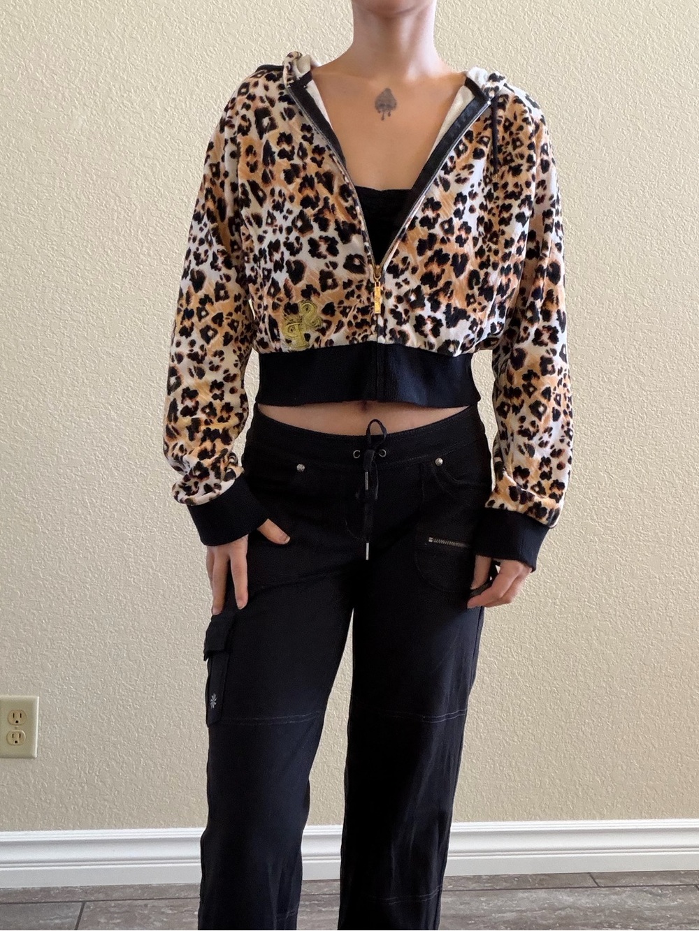 Vintage y2k South Pole Leopard Animal Print Velour Cropped Zip Hoodie Jacket